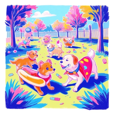 Several dogs of various breeds are playing in a lively dog park, each wearing comical costumes. One small Dachshund is dressed as a hotdog, complete with a bun costume that wraps around its body. A fluffy Golden Retriever is sporting a superhero cape and a mask. Nearby, a Bulldog is wearing a chicken outfit, complete with feathers that stick out from its body. The park is filled with bright green grass and colorful dog toys scattered around. In the background, there are trees with vibrant leaves and a clear blue sky above, adding to the cheerful atmosphere.