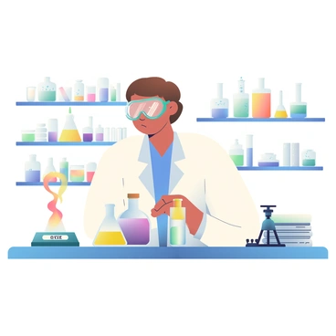 A scientist conducting an experiment in a lab, surrounded by beakers and test tubes