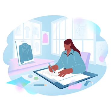 An artist is sketching "a denim blouse design" on a large sheet of paper, focused on the details of the garment. The workspace is bright and filled with "colorful fabric swatches" neatly arranged on a table nearby. Various tools such as "pencils, scissors, and measuring tape" are scattered around, reflecting a creative atmosphere. Light streams in through large windows, illuminating the space and enhancing the vibrant colors of the swatches. "Sketches of different clothing designs" can be seen pinned on the walls, showcasing the artist's inspiration.