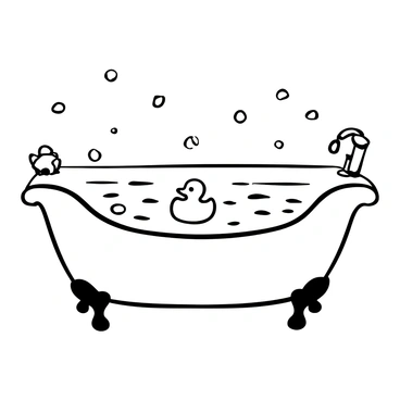 A bathtub filled with water, featuring floating flower petals scattered across the surface. A rubber ducky is positioned in the center of the bathtub, gently bobbing on the water. The edges of the bathtub are adorned with small decorative items, enhancing the scene. Soft ripples are visible on the water's surface, created by the movement of the rubber ducky.