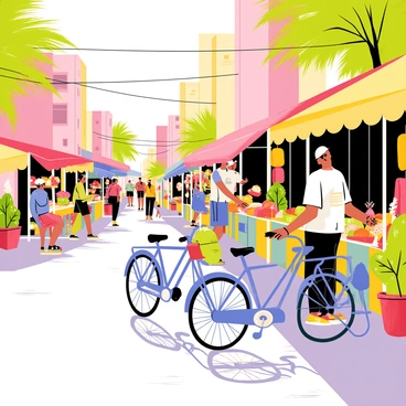A vibrant street market scene featuring several bicycles parked alongside colorful market stalls. The stalls are overflowing with fresh fruits and vegetables, brightly colored textiles, and handmade crafts. Vendors are engaging with customers, showcasing their goods. The street is lined with people walking, chatting, and enjoying the lively atmosphere. Sunlight casts warm shadows, highlighting the bustling activity of the market.