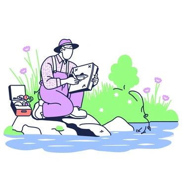 An old fisherman sits on a flat rock by the river, focused on sketching a brown trout in his open notebook. He is wearing a weathered hat and a plaid shirt, with faded fishing waders. Beside him, a tackle box lies open, displaying various fishing lures. The river flows gently in front of him, with small ripples creating a dynamic surface. On the grassy bank behind him, wildflowers are scattered, while a few trees provide shade. The trout is vividly detailed in his notebook, with attention to its distinct spots and markings.