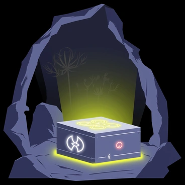 A strange, pulsating box with a metallic surface is placed in the center of a dark cave. The box features glowing, intricate extraterrestrial symbols that illuminate the surrounding area with a soft green light. The cave walls are rugged and uneven, with small rock formations jutting out. Shadows cast by the light from the box create an eerie atmosphere in the cave. In the background, faint outlines of unusual plants can be seen, suggesting a foreign environment on a distant planet.