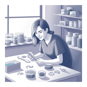 An individual is sitting at a workbench in a workshop filled with various tools and materials for jewelry making. The person is focused, using pliers to shape a piece of wire into a delicate design. Surrounding them are containers filled with beads, chains, and gemstones, organized neatly on shelves. The sunlight streams through a window, illuminating the workspace and casting shadows of the tools on the table. The individual has a joyful expression, reflecting their passion for crafting.