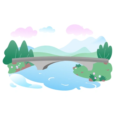 A long bridge stretches across a flowing river, its structure made of sleek metal and concrete. The water beneath reflects shades of blue and hints of green. On one side of the river, the landscape is filled with vibrant greenery, including tall trees and lush grass. In the distance, gentle hills can be seen, dotted with colorful wildflowers. The sky above features soft gradient pastel colors, transitioning from light pink to soft blue, creating a serene backdrop for the scene.