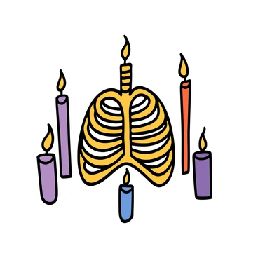 A ribcage positioned at the center, displaying intricate details of the bones. Surrounding the ribcage are several softly glowing candles of different heights, casting a warm light and creating gentle shadows. The candles have various shapes, some tall and slender while others are short and round, all emitting a soft, flickering flame that enhances the atmosphere around the ribcage.
