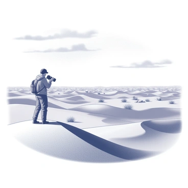 A photographer stands on a high sand dune, holding a camera, focused on the expansive desert landscape before them. The scene features rolling waves of sand, creating a textured pattern across the ground. In the distance, there are scattered desert shrubs and a few rocky outcrops breaking the monotony of the sand. The sky above is vast, with wispy clouds scattered throughout, adding depth to the horizon. The photographer is dressed in practical attire suitable for the warm climate, and the camera is poised to capture the stunning scenery.