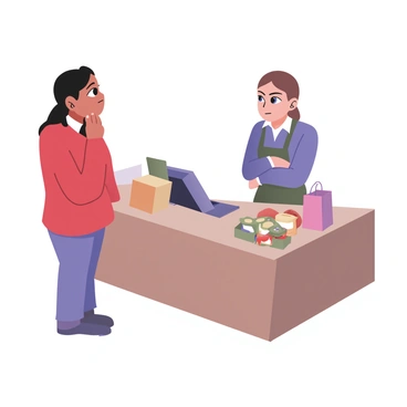 A digital flat illustration showing a frustrated shopper standing at a checkout counter. The shopper is on the left, has medium skin, and is wearing a bright red sweater and blue jeans. Their facial expression shows a frown as they look at the cashier. The cashier is on the right, has light skin, short brown hair, and is wearing a blue uniform. They are rolling their eyes, displaying a look of annoyance. The checkout counter is cluttered with various grocery items, and a register is visible in the background. A few shopping bags are sitting on the counter. The scene conveys a tense interaction between the shopper and the cashier.