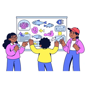 A group of three children is gathered around a display board, working on a science project about marine life. One child, wearing glasses, is holding a small blue fish, which has a lifeless appearance. The second child, with curly hair, is pointing at colorful illustrations of various sea creatures on the board. The third child, sporting a red cap, is taking notes with a pencil. The display board is filled with images of coral reefs, a variety of fish, and interesting facts about the ocean.