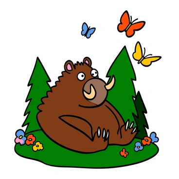A Gruffalo with brown fur and large, prominent tusks is sitting calmly in a lush green forest. His big eyes are wide, expressing curiosity and wonder as he gently watches colorful butterflies fluttering around him. The butterflies are various shades of blue, yellow, and orange, dancing playfully in the warm sunlight. The Gruffalo's spiky back is visible as he sits on a bed of soft grass, surrounded by vibrant flowers and tall trees, creating a lively and enchanting atmosphere.