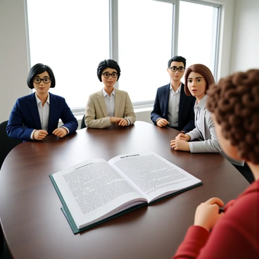 A large open book titled "Code of Conduct" resting on a polished conference table. The pages of the book are filled with printed text, visible and clearly legible. Surrounding the table are several attentive employees, including a woman with short black hair wearing a blue blazer, a man with glasses and a white shirt, and another woman with curly brown hair in a red blouse. They are focused on the book, leaning slightly forward in their chairs, with expressions of concentration and engagement. The conference room has a large window with natural light streaming in, illuminating the scene.
