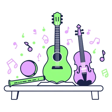 An arrangement of musical instruments is displayed on a wooden table. Centered is a green guitar with a detailed body and six strings, resting on a folded piece of music paper. To the right, there is a purple violin with a glossy finish, propped up slightly on its side. On the left, a green flute lies horizontally, complemented by a small purple tambourine nearby. Scattered around the instruments are music notes illustrated in various sizes, creating a vibrant atmosphere.