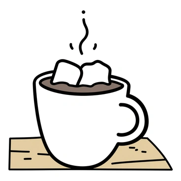 A steaming mug of hot cocoa, with the rich dark brown color of the chocolate beverage visible. The mug is white with a smooth finish and holds fluffy white marshmallows on top, slightly melting due to the heat. The mug is placed on a rustic wooden table, showing the texture of the wood with its natural grains and knots. The scene captures the warmth and comfort of the hot cocoa, inviting and cozy.