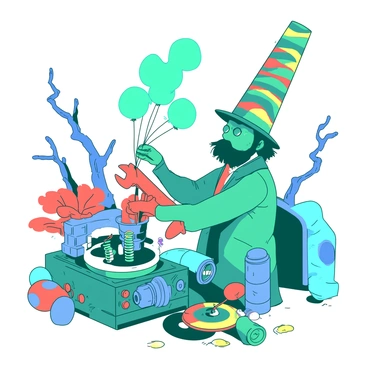 A teal quirky inventor wearing a tall, colorful hat is surrounded by an array of whimsical gadgets and gizmos in a fantastical setting. The inventor is holding a large, orange wrench while adjusting a bizarre contraption made of gears and springs that emits colorful smoke. In the background, there are vibrant trees with twisted trunks and oversized flowers in various shapes. Brightly colored blue and red balloons are floating around, adding to the playful atmosphere of this imaginative scene.