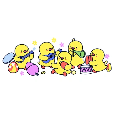 A group of small yellow chicks is gathered together, each playing a different musical instrument. One chick is joyfully strumming a bright blue ukulele, while another is tapping on a red tambourine. A third chick is happily blowing into a shiny green trumpet, and a fourth chick is keeping rhythm on a small purple drum. They are surrounded by colorful Easter eggs scattered around them, and a few spring flowers can be seen in the background. Each chick has a cheerful expression, embodying the festive spirit of Easter.