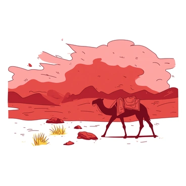 A red sandstorm is sweeping across the Thar Desert, creating swirling patterns of sand in the air. In the foreground, there are sparse patches of yellow grass and a few scattered rocks partially obscured by the rising sand. The horizon is blurred by the thick clouds of red dust, and silhouettes of distant sand dunes can be seen, their shapes shifting dramatically with the winds. A lone camel, with its body partially covered in sand, trudges through the storm, its posture showing effort against the fierce elements.