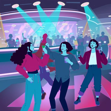 A bustling nightlife scene inside a modern club filled with friends dancing and laughing. The air is filled with energy as groups of people are gathered, some with their arms raised, moving to the beat of the music. Colorful, vibrant lights flash throughout the space, casting dynamic shadows on the dance floor. In the foreground, a group of friends, diverse in appearance, are engaged in lively conversation, with drinks in hand, showcasing joyful expressions. The atmosphere is alive with movement, and the background features a DJ booth with a DJ mixing tracks.