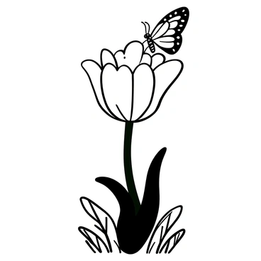 A rare tulip with intricate, delicate petals standing tall. A butterfly with detailed wing patterns is perched gently on one of the petals. The stem of the tulip is sturdy and green, contrasting with the softness of the petals. The background features a blurred garden scene, creating a focus on the tulip and butterfly.