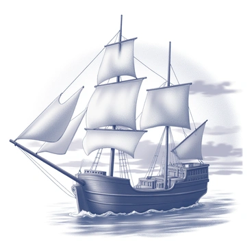 A wooden ship with billowed sails is sailing smoothly across calm waters. The ship features intricate carvings along its hull and a tall mast that rises against the skyline. The sunset fills the background with a dramatic display of light, casting shadows across the deck of the ship. The sky is layered with varying shades, creating a stunning contrast as the sun descends on the horizon. The gentle waves lap against the ship's side, enhancing the tranquil atmosphere of the scene.