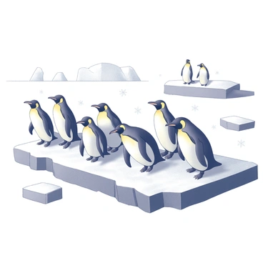 A group of playful penguins sliding on a snowy ice floe