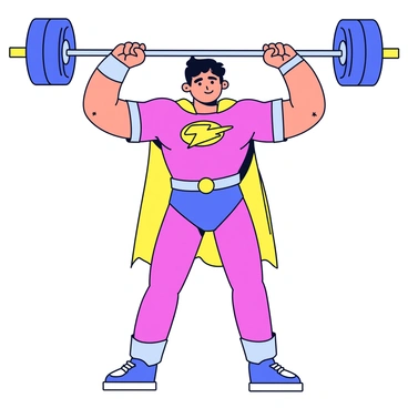 A superhero character with a muscular build is performing barbell curls. The character wears a vibrant red and blue costume with a bold emblem on their chest. They have a determined expression on their face, showcasing their strength. The barbell they are lifting is oversized, with large, cartoonish weights on each end. The superhero is standing in a dynamic pose, with one arm fully raised and the other arm slightly bent, emphasizing their impressive biceps. The background is simple to keep the focus on the character's action.