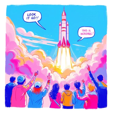 A vibrant comic strip panel depicts a rocket launch scene. The rocket is tall and sleek, with detailed markings and a bright flame billowing from its engines. Thick clouds of smoke swirl around the base as the rocket ascends into a clear blue sky. In the foreground, a group of excited spectators watches the launch, their expressions reflecting awe and anticipation. One spectator, wearing a baseball cap, raises their arms in excitement, while another points at the rocket. Speech bubbles appear above the spectators, one saying, "Look at it go!" and another exclaiming, "This is incredible!" The overall composition captures the energy and excitement of the rocket launch moment.