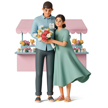 A man, wearing a light blue shirt and dark jeans, is holding a vibrant bouquet of flowers that includes red roses, yellow tulips, and white daisies. Attached to the bouquet is a small tag that reads "Save the Date" in elegant script. Beside him is a woman, dressed in a flowy green dress and sandals, smiling as she looks at the flowers. The couple is surrounded by colorful flower stalls filled with various blooms in the background, creating a lively atmosphere.