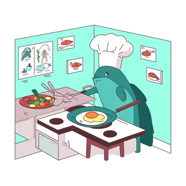 A teal sardine wearing a tiny white chef hat is standing on a small stool in a miniature kitchen. The kitchen is filled with tiny kitchen utensils, including a small frying pan on the stove. The sardine is focused on flipping a tiny omelet in the pan with a small spatula. There is a tiny bowl filled with colorful vegetables on the counter next to the sardine. The walls of the kitchen are adorned with tiny pictures of various fish dishes.