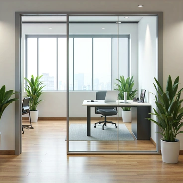 A sleek glass divider in a modern office space, designed to create a contemporary separation between work areas. The glass is transparent with minimalistic aluminum framing, allowing for an open feel while providing privacy. The office space features polished wooden flooring and modern furniture, including a stylish desk and ergonomic chair nearby. Natural light streams in from large windows, casting soft reflections on the glass surface. Potted plants are placed strategically around the room, adding a touch of greenery to the professional environment.