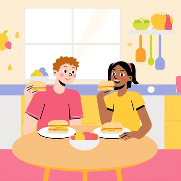 Two children, a boy and a girl, are sitting at a round wooden table in a playful kitchen. The boy has short brown hair and is wearing a red t-shirt, while the girl has pigtails and is dressed in a yellow dress. They are both smiling broadly as they enjoy "croque monsieur" sandwiches. The kitchen is vibrant, with colorful wall decorations featuring fruits and vegetables. There are various kitchen utensils hanging on the walls and a bowl of mixed fruits on the table. Sunlight streams through a window, adding warmth to the joyful scene.