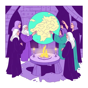A group of eight mages, each dressed in flowing robes of purple and teal, is gathered around a large, floating, glowing map that hovers in the center of an ancient stone chamber. The mages have varying appearances, with some sporting long white beards and others having intricate tattoos on their arms. They are engaged in deep discussion, pointing at different locations on the map which illuminates their faces with a soft, golden light. The chamber walls are adorned with ancient runes and symbols, adding a sense of mystique to the scene. A few candles burn brightly on a stone table nearby, casting flickering shadows on the floor.
