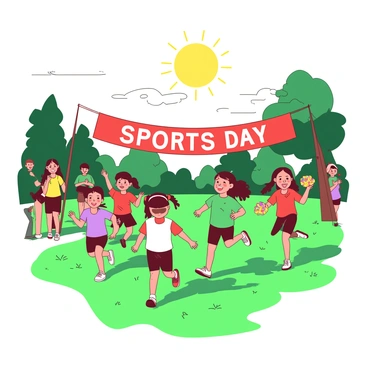 A yellow sun is shining brightly over a local park where children are participating in a fun sports day. Groups of children are running on a green grassy field, wearing colorful t-shirts in various shades. Some children are cheering enthusiastically, clapping their hands and waving colorful pom-poms. In the background, there are trees providing shade, and a few parents are watching from the sidelines, smiling as they enjoy the joyful atmosphere. A red banner hangs across the field, displaying the words "Sports Day" in bold letters.