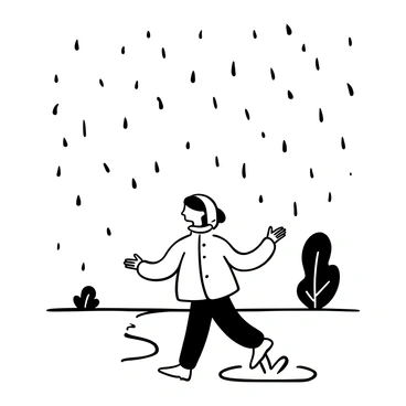 A person wearing a raincoat walking on a wet street, droplets of rain falling around them. The person has their arms slightly raised as if embracing the rain. Puddles are forming on the ground, reflecting the surroundings. Nearby, a few trees are swaying in the wind, their leaves glistening with moisture. A small splash is visible where the person's foot strikes a puddle.