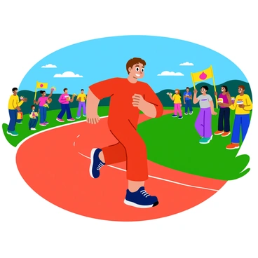 A student with short brown hair wearing a bright red athletic uniform is sprinting on a smooth, oval track. The student has a focused expression, with sweat glistening on their forehead. Surrounding the track, a diverse group of classmates stands on the sidelines, some waving colorful pom-poms and others holding banners. The classmates are animatedly cheering, with smiles on their faces and hands raised in encouragement. The sky overhead is clear and blue, and the bright green grass surrounds the track, enhancing the lively atmosphere.