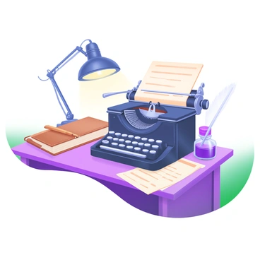 A vintage scene featuring an "old-fashioned typewriter" placed on a polished wooden desk. The typewriter is black with shiny chrome accents, showing signs of wear and character. Next to it, there is a "stack of survey forms" neatly organized, with some forms slightly spread out to reveal printed text. A softly glowing desk lamp illuminates the scene, casting gentle shadows. In the background, a "weathered leather-bound notebook" and an "ink bottle" with a quill pen rest on the desk, adding to the nostalgic ambiance.