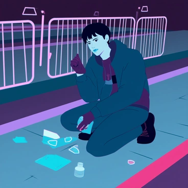 A photographer with short black hair wearing a dark jacket and gloves is kneeling on the ground, focused on capturing images of evidence at a night scene. The surroundings are illuminated by the bright light of a portable flash, revealing scattered objects on the pavement. A police barrier is faintly visible in the background, adding context to the scene. The photographer is holding a camera close to an item on the ground, ensuring clarity in the shot. The atmosphere is tense, with shadows stretching in the dim light, emphasizing the importance of the investigation.