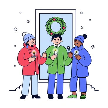 A small group of three people is standing at a snow-covered doorstep. They are bundled up in winter clothing, with one person wearing a red scarf, another in a green coat, and the last in a blue beanie. Each person is holding a lit candle, which casts a warm glow. The snowflakes gently fall around them, and the door behind them is decorated with a festive wreath made of pine branches and red berries.