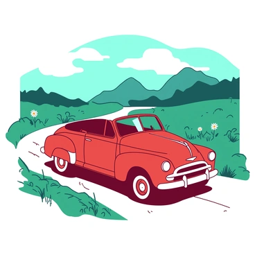 A red vintage car is driving along a winding road. The road is bordered by lush green grass and wildflowers. In the background, there are teal mountains rising dramatically, with soft, fluffy clouds drifting above them. The car's shiny exterior reflects the surrounding landscape as it navigates the curves of the road. The scene captures a sense of adventure as the car travels through this picturesque environment.