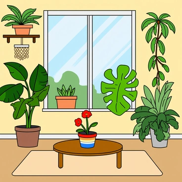 A room filled with various indoor plants, creating a green, lively atmosphere