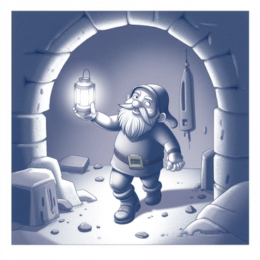 A dwarf with a sturdy build and a braided beard is exploring a deep and ancient mine. He is holding a lantern in one hand, casting light onto the rough, stone walls of the tunnel. The mine features intricate carvings and remnants of mining tools scattered along the ground. Shadows dance on the surfaces as the lantern illuminates the path ahead. In the background, large stalactites hang from the ceiling, and the distant sound of dripping water echoes in the cavernous space. The dwarf's expression shows curiosity and determination as he ventures deeper into the mine.