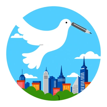 A white dove flying gracefully with a shiny fountain pen held delicately in its beak. Below, a vibrant cityscape unfolds, featuring tall buildings with various architectural styles, some adorned with colorful banners. The sky is a bright blue, dotted with fluffy white clouds. The sunlight casts dynamic shadows across the rooftops, creating a lively atmosphere. The dove appears to be soaring above the bustling city, symbolizing creativity and inspiration.
