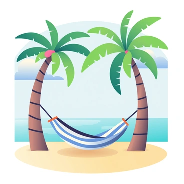 A tropical beach scene features soft golden sand stretching across the foreground. Two tall palm trees with lush green fronds arch gracefully over the scene. Nestled between the trees is a blue and white striped hammock, gently swaying in the breeze. In the background, the ocean shimmers with shades of turquoise and azure under a clear blue sky. A few white fluffy clouds float lazily above, casting soft shadows on the sand.
