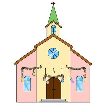 A large church with a tall steeple, painted in soft pastel colors like light pink, baby blue, and pale yellow. The entrance is adorned with vibrant ribbons in various colors, hanging down elegantly from the doors. Colorful hanging decorations such as Easter eggs and floral garlands are suspended from the ceiling inside the church. The windows are decorated with stained glass, reflecting warm sunlight and casting colorful patterns on the floor. The overall scene conveys a festive atmosphere in preparation for Easter celebrations.