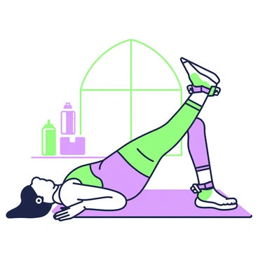 A person is lying on their side on a workout mat, performing leg raises. They are wearing ankle weights on both ankles, which are clearly visible. The person's head is supported by their arm, and they are focused on lifting their top leg straight up. The lower leg remains resting on the mat. The person's athletic wear consists of a fitted tank top and leggings. The background features a few exercise accessories, including a water bottle and a yoga block. A large window is visible in the background, allowing natural light to illuminate the scene.