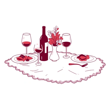 A white dinner table is set for two, adorned with a delicate lace tablecloth. On the table, there are two elegant wine glasses, each filled with red wine, reflecting the soft glow of flickering candlelight. A dark red bottle of wine stands elegantly between the glasses. Two plates are placed across from each other, each with a neatly arranged gourmet meal. In the center, a small white vase holds a simple yet beautiful arrangement of fresh flowers, completing the intimate setting.