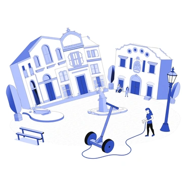 A Segway is positioned in the center of a charming old town square. The square is surrounded by historic buildings with intricate architectural details, featuring arched windows and decorative facades. Cobblestones pave the ground, giving the scene a rustic feel. Nearby, there are benches under ornate street lamps, and a fountain with a sculpted figure is visible in the background. The Segway has a charging cable connected to it, indicating it is in the process of charging. People are seen in the background, casually walking and enjoying the atmosphere of the square.