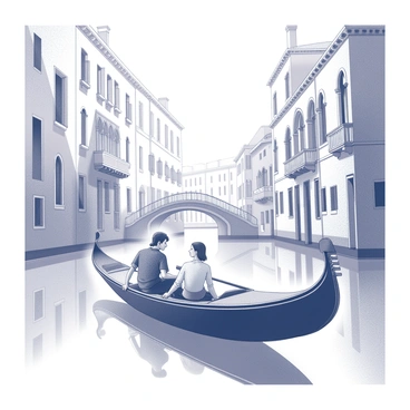A couple sits closely together in a gondola, floating gently through the narrow canals of Venice. The gondola is sleek and elongated, with a polished wooden exterior. The couple is relaxed, with the woman wearing a flowing dress and the man in a casual shirt. The canals are lined with historic buildings featuring ornate balconies and intricate architectural details. Reflections of the buildings shimmer on the water's surface as the gondolier skillfully navigates the winding waterways.