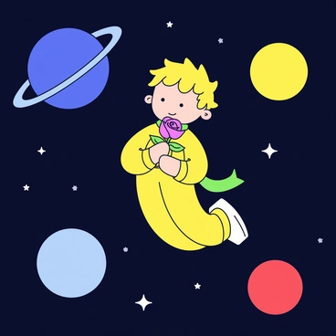 A small figure of "The Petit Prince" wearing a simple yellow outfit and a green scarf is floating in space. He has a gentle expression on his face as he cradles a single "rose" with soft petals in his hands. Surrounding him are several "colorful planets" in various sizes, each with different hues such as blue, red, and yellow. The background is filled with a dark, starry sky that contrasts with the vibrant colors of the planets and the figure.
