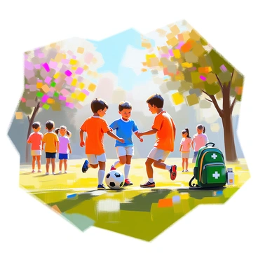 A vibrant park scene featuring a group of children playing soccer. Among them, two children are actively engaged in the game, one wearing a blue jersey and the other wearing a red jersey. They are dribbling the soccer ball on a lush green field, surrounded by tall trees and colorful flowers blooming in the background. Nearby, a couple of other children cheer them on from the sidelines. On the ground, a small green backpack is visible, with a medical kit peeking out, indicating the children's awareness of diabetes management. The sun is shining brightly, casting soft shadows on the grass as the children enjoy their game.