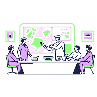 A briefing scene takes place in a well-lit room with a large table in the center. Several navy officers in uniform are seated around the table, engaged in discussion. One officer stands at the front, pointing to a large screen displaying a map with marked locations related to the latest drone mission. Crew members are seated across from the officers, taking notes and listening attentively. The room features nautical-themed decorations on the walls, including framed photographs of naval vessels. A small model of a drone sits on the table, next to a stack of documents and a digital tablet displaying mission data.